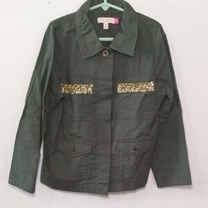 Pink Chicken Green Army Jacket with Gold Sequin Detail, Elbow Patches Size 8Y